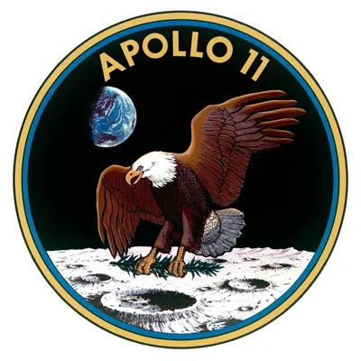 The Apollo 11 mission patch: an eagle landing on the Moon, with Earth in the sky.