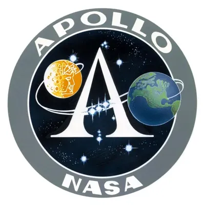 The Apollo program insignia: a large letter A in front of the Moon and Earth.