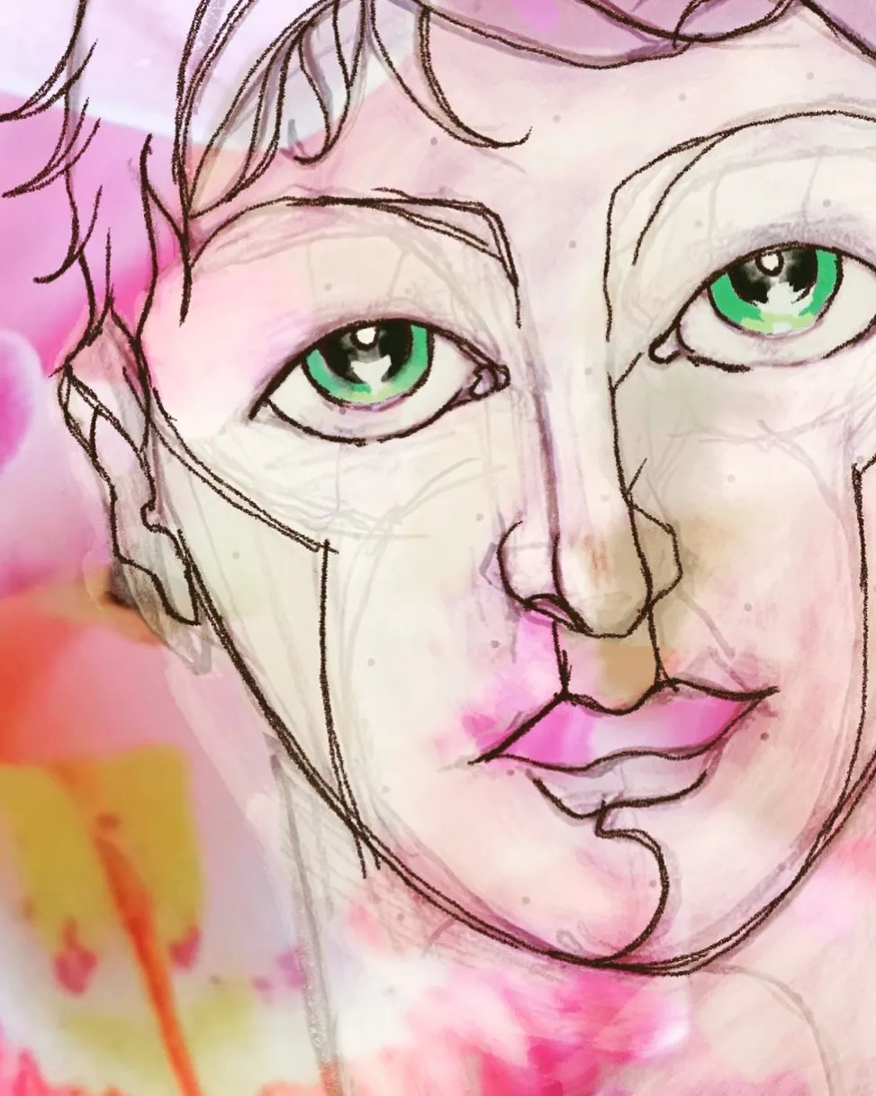 Digital drawing of a face with green eyes, washed in pinks and yellows like flower petals.