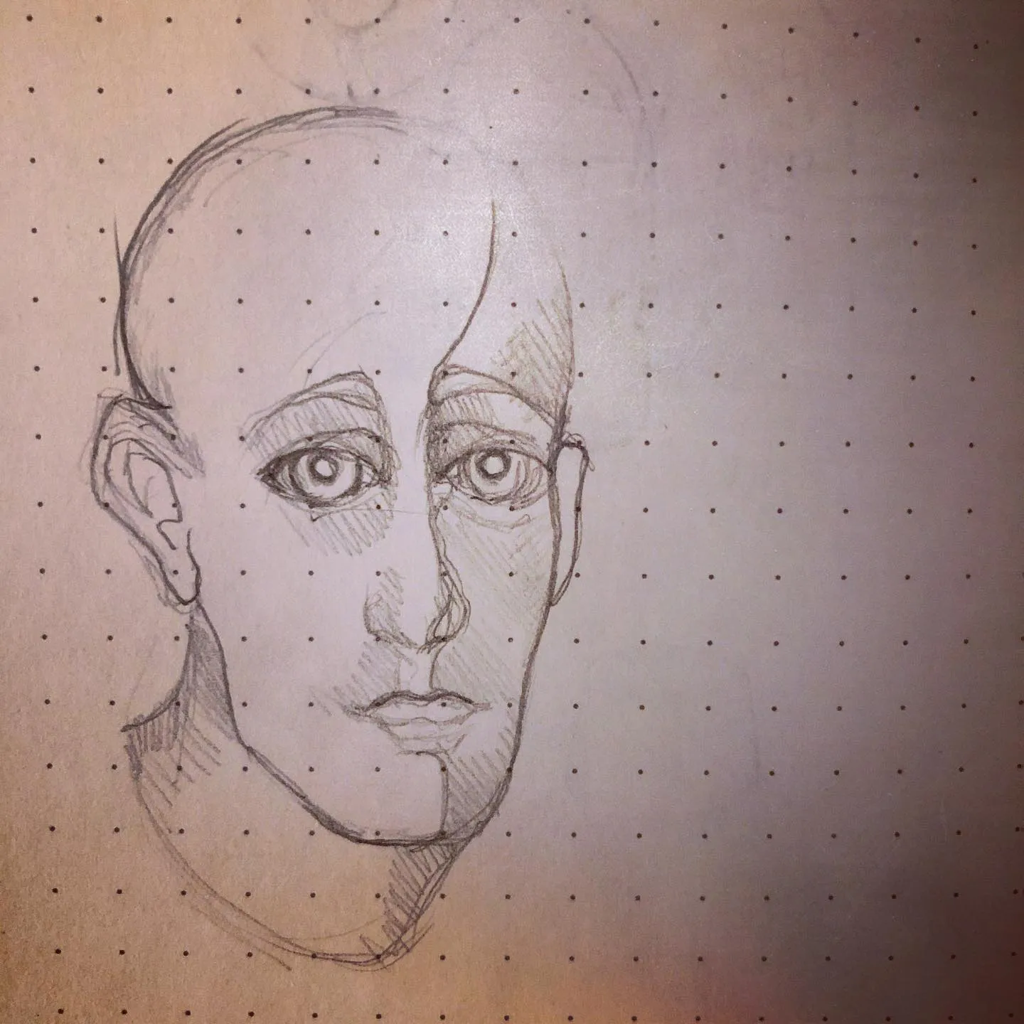 Pencil sketch of a bald figure with prominent ears and large round eyes, with half the face shaded.