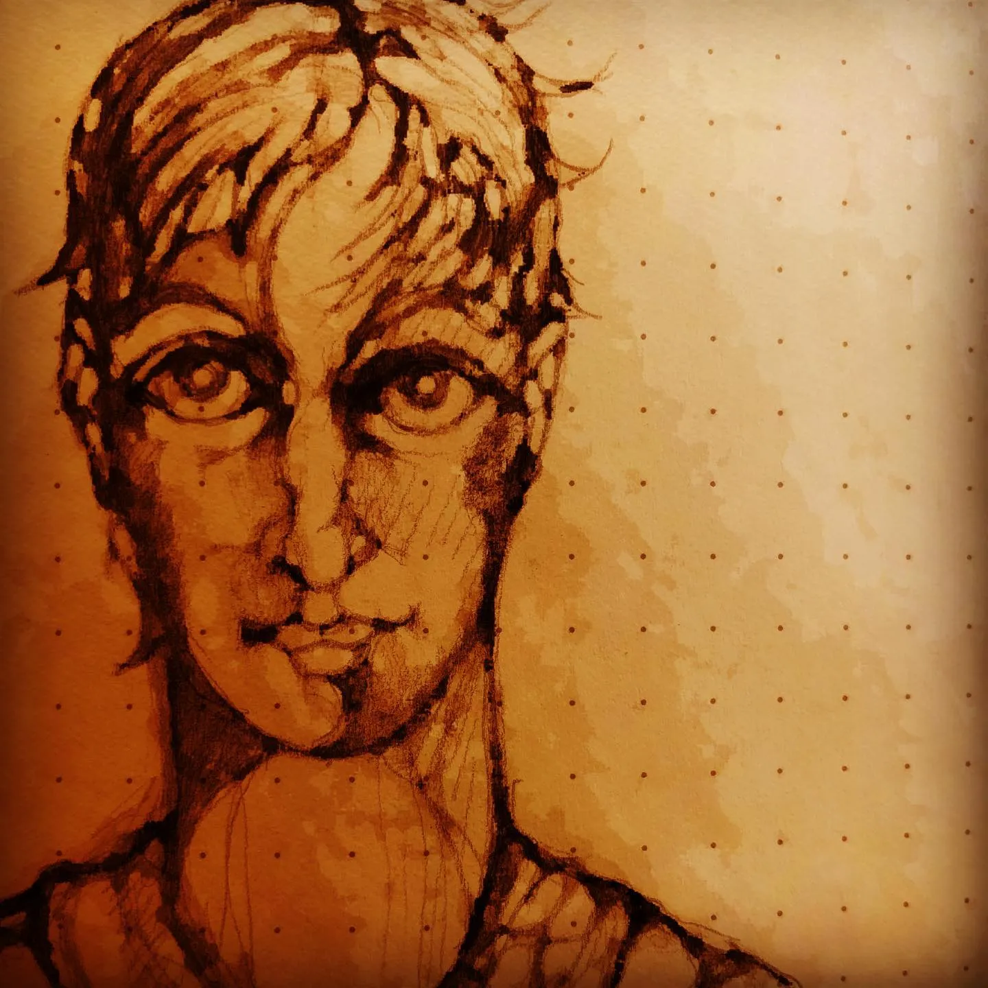 Brown ink portrait of a person with shaggy hair and a steady, slightly sad gaze, on dotted paper.