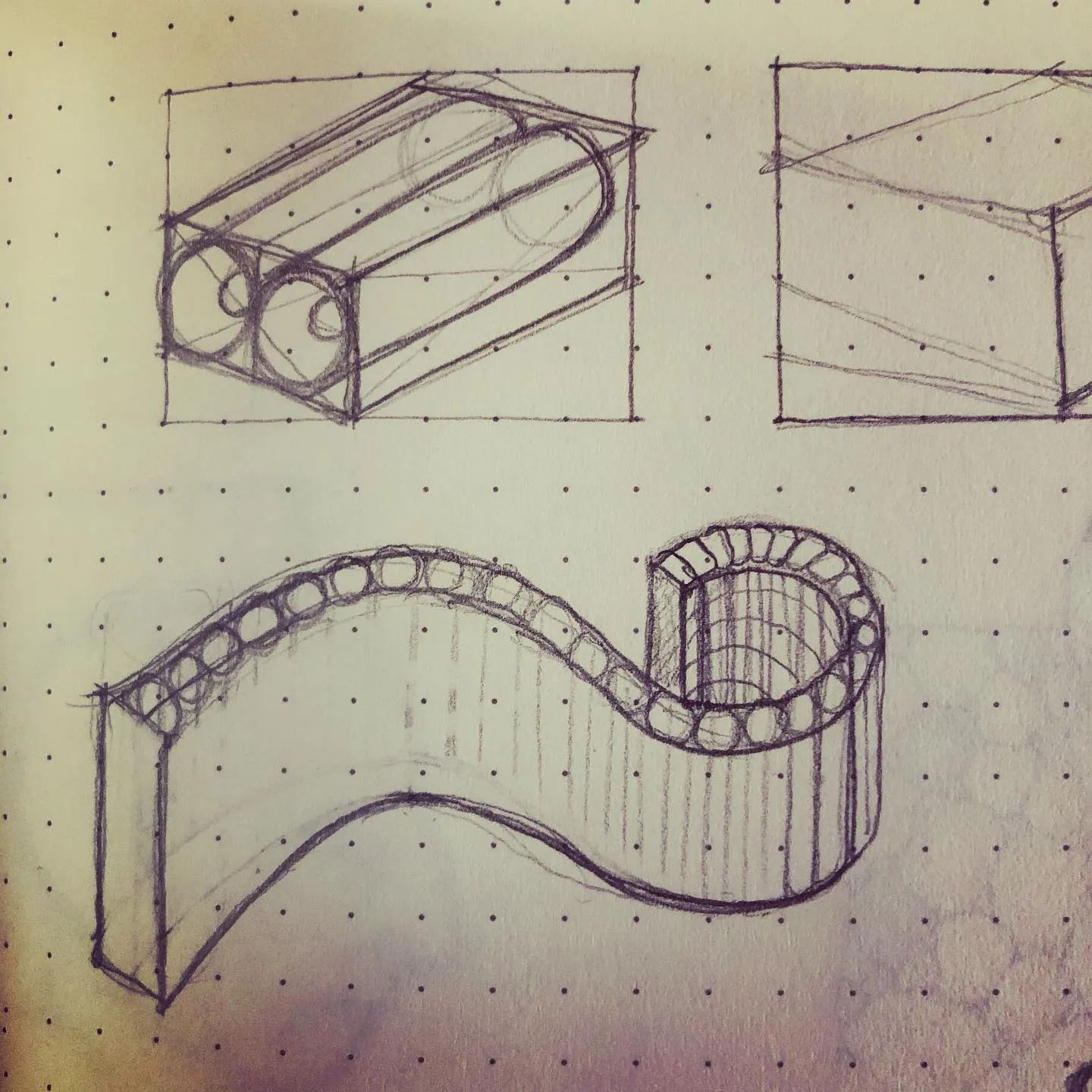 Pen sketches of three-dimensional forms: a box with two tubes running through it, a cube in perspective, and a ribbon curling into a scroll.