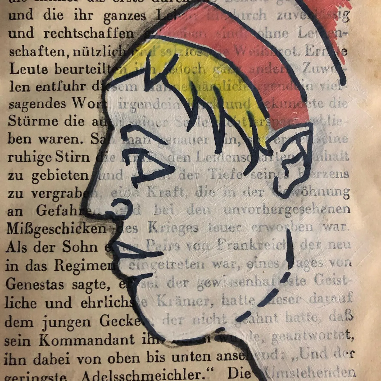 Bold ink profile of a figure in a red pointed cap, with yellow and green hair, drawn over the page of an old German book.