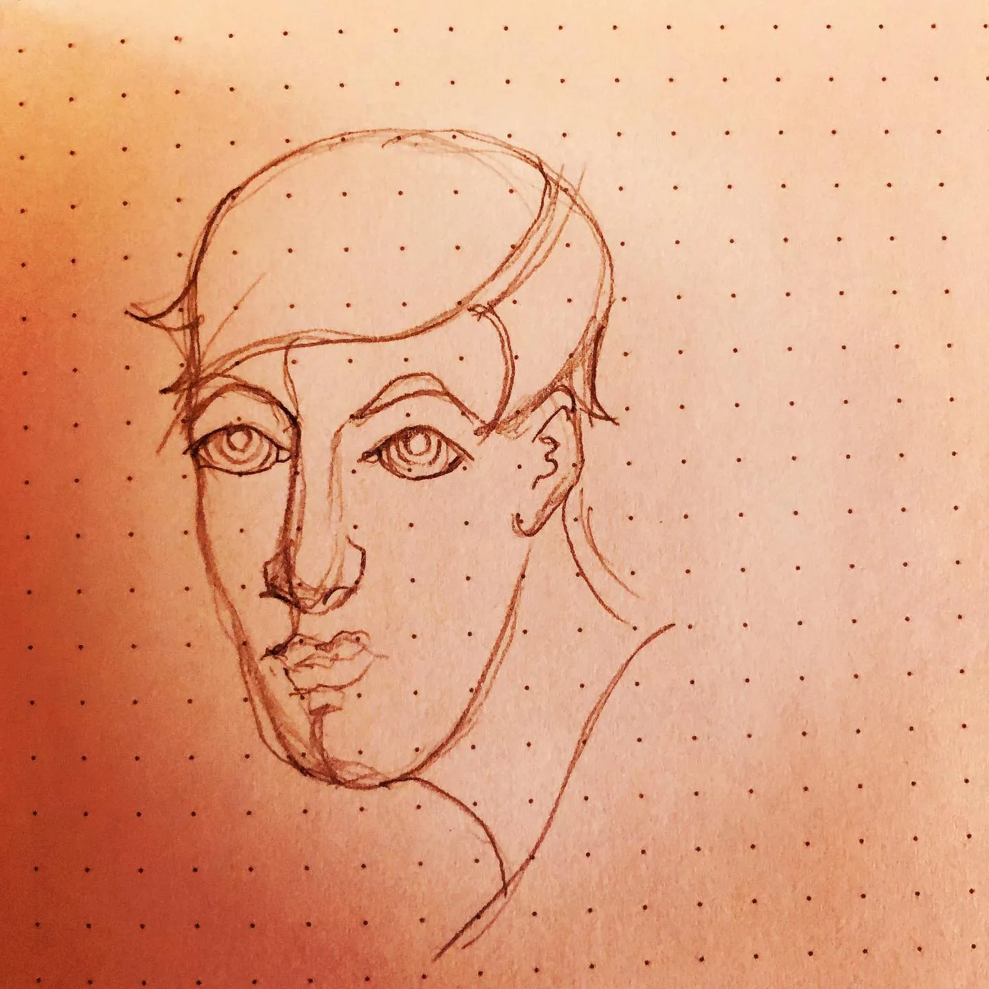 Pencil sketch of a face with a side parting, looking slightly to one side, on a dotted page lit in warm orange.