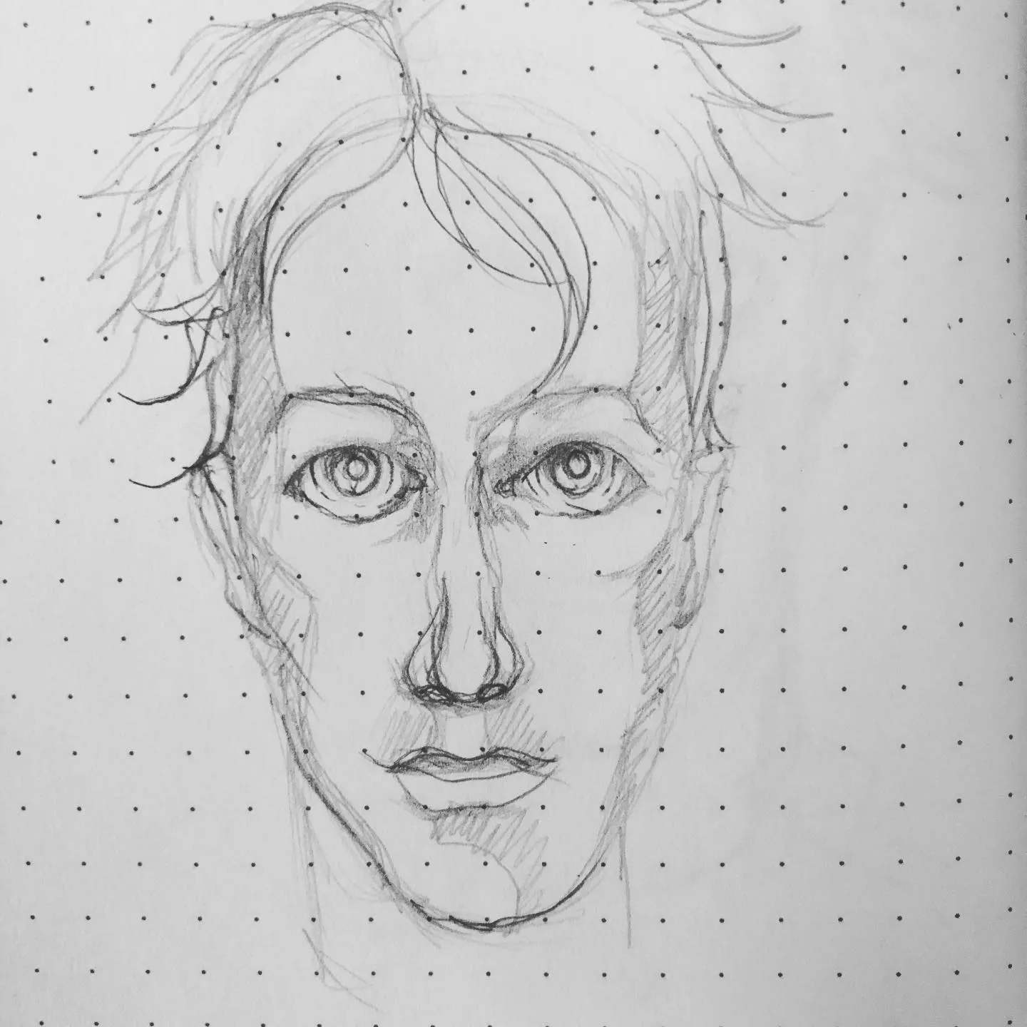 Pencil portrait of a person with messy, wispy hair looking straight out, on dotted paper.