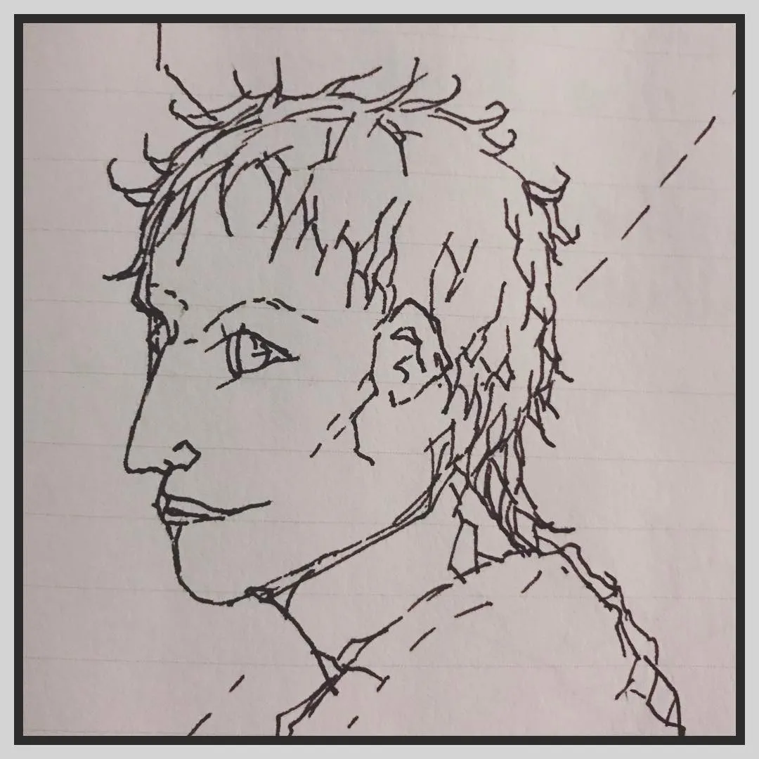 Ink sketch of a person in three-quarter profile with short spiky hair and a slight smile, on lined paper.