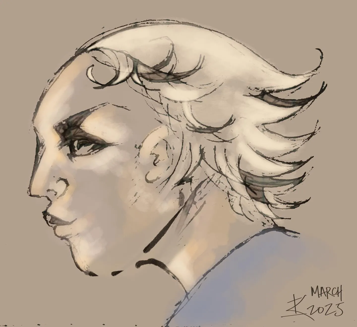 Digital painting of a face in profile with swept-back pale hair, in muted beige and grey, signed "March 2025".