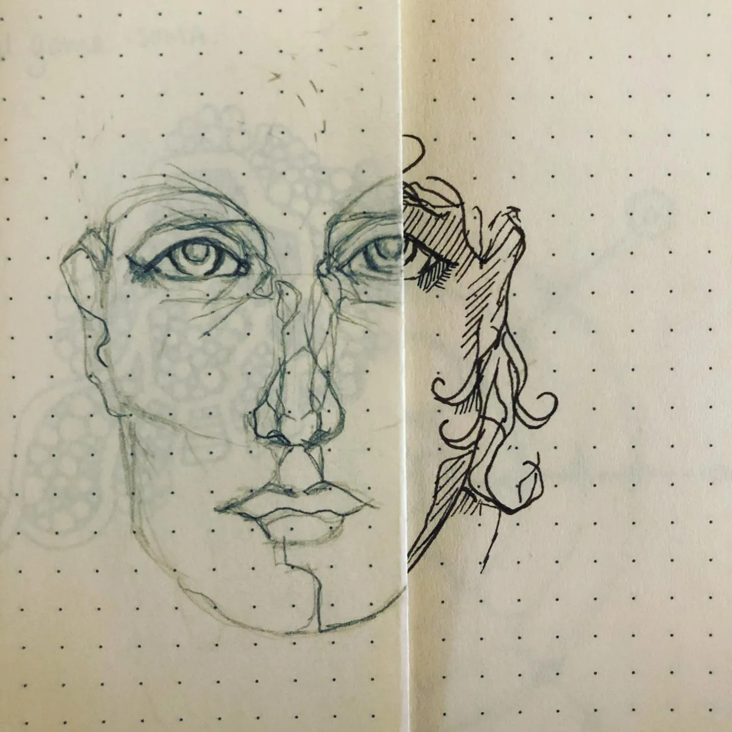 Two faces drawn on overlapping translucent pages of a dotted notebook, the features of one showing through the other.