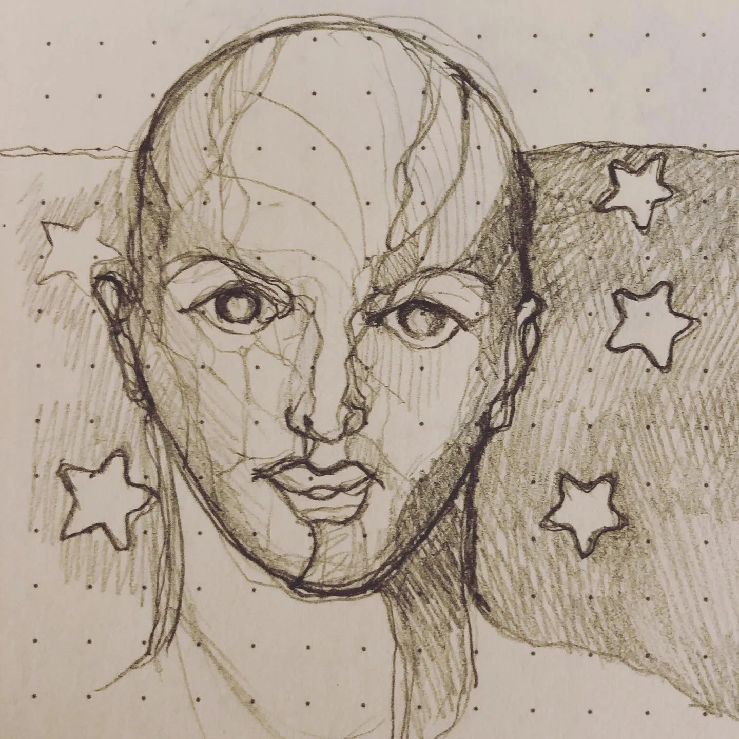 Pencil portrait of a bald head with wide eyes, in front of a rectangle scattered with outlined stars.