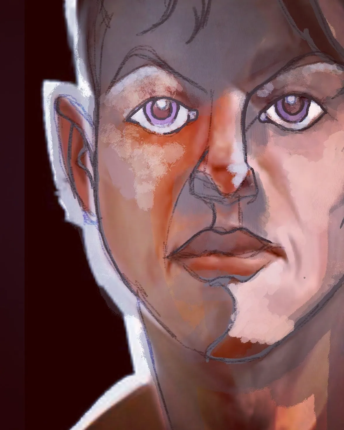 Digital painting of a face with violet eyes and strong angular shading in reds and browns, against a dark background.