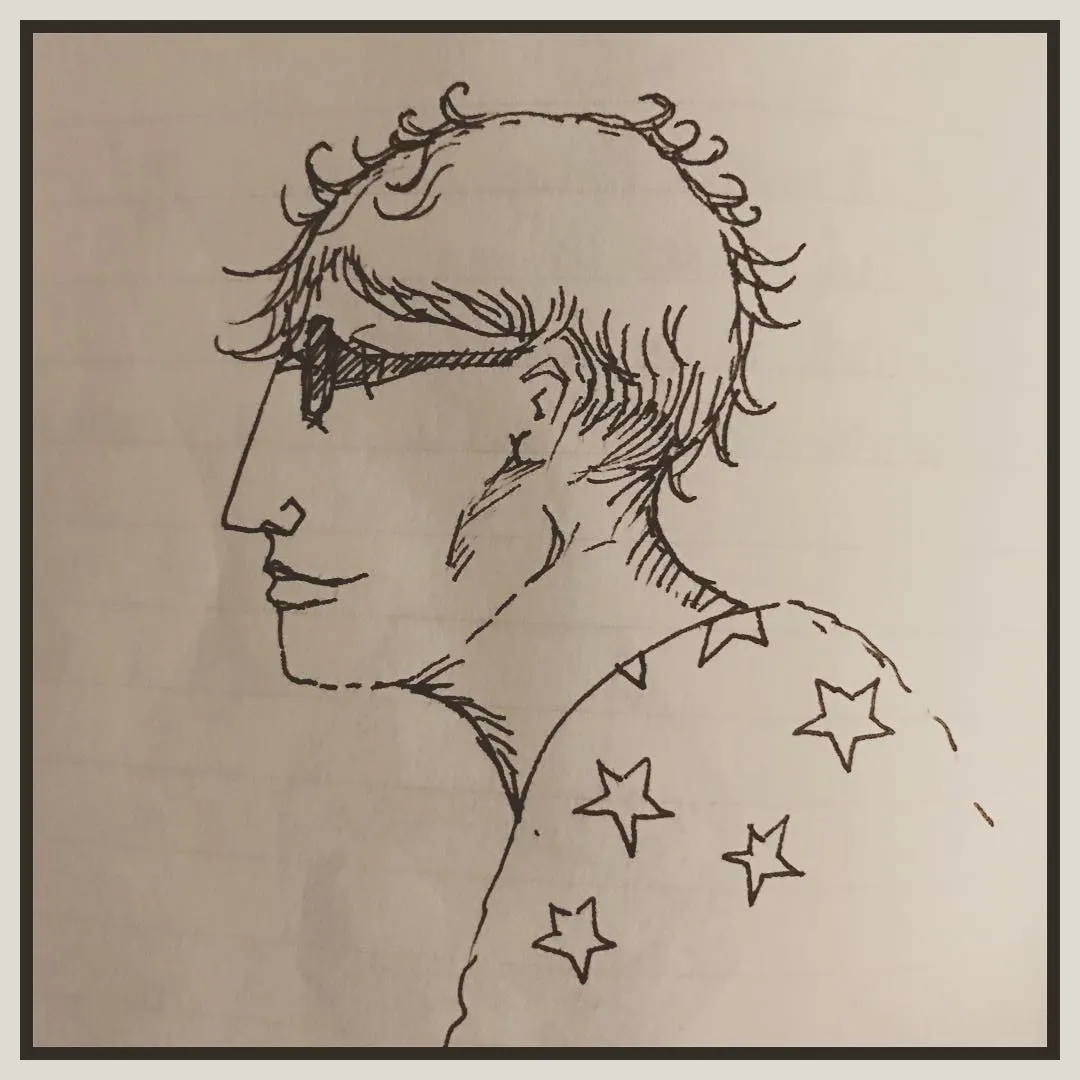 Ink profile of a young man with curly hair and glasses, with stars scattered over his shirt.