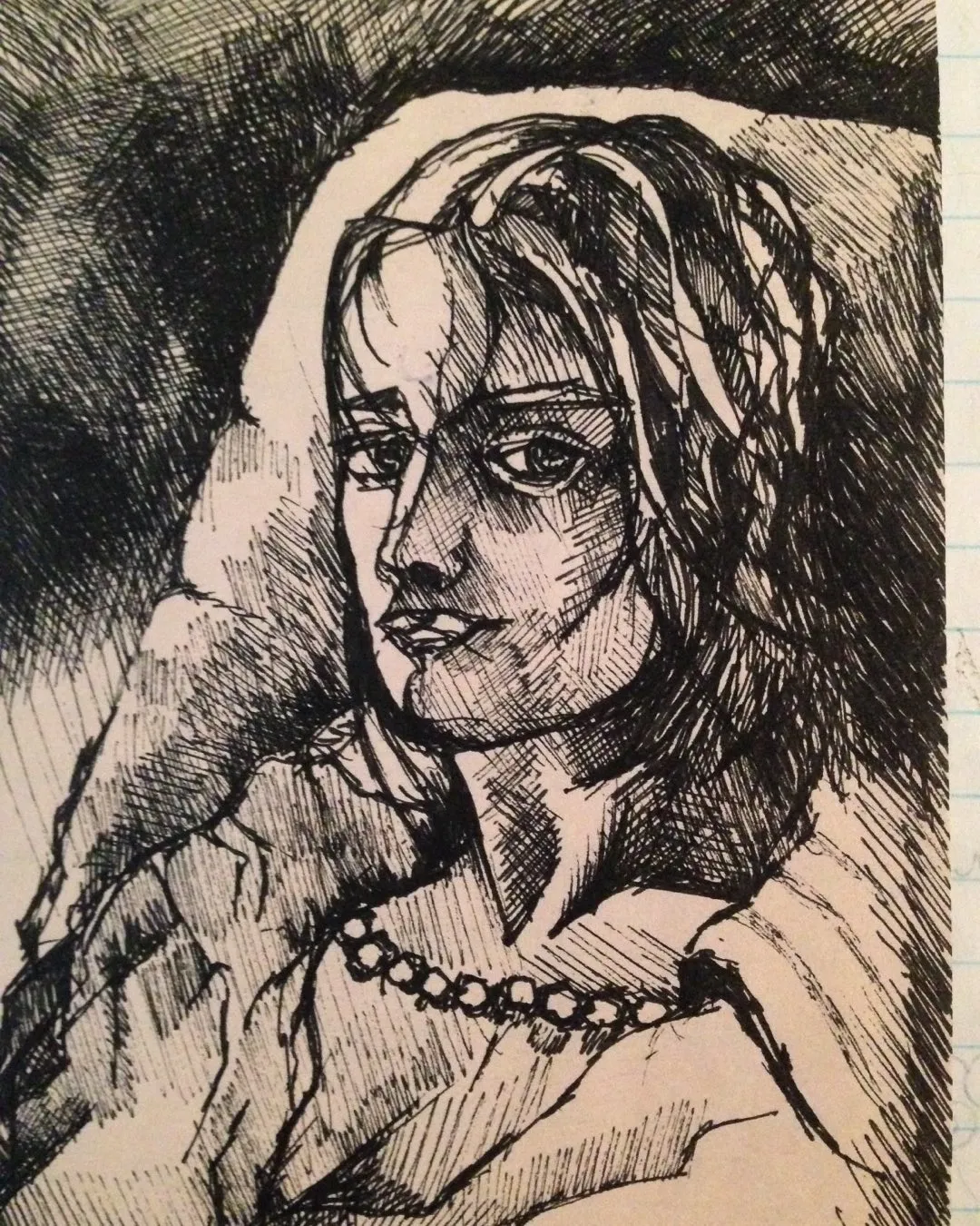 Ink drawing of a woman with long dark hair and a string of beads, looking to one side, heavily cross-hatched.