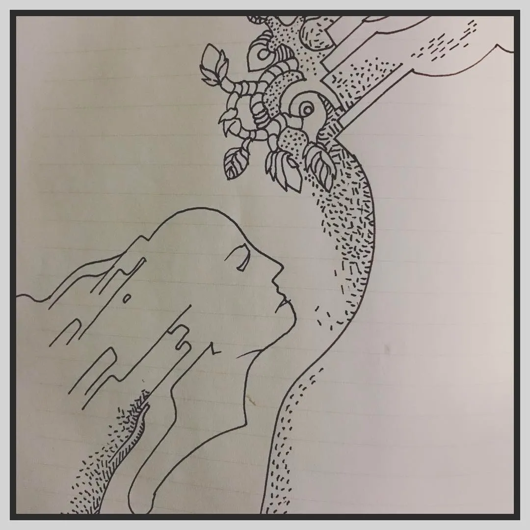 Ink drawing of a face in profile emerging from flowing lines, beside a tree trunk that bursts into flowers and swirls at the top.