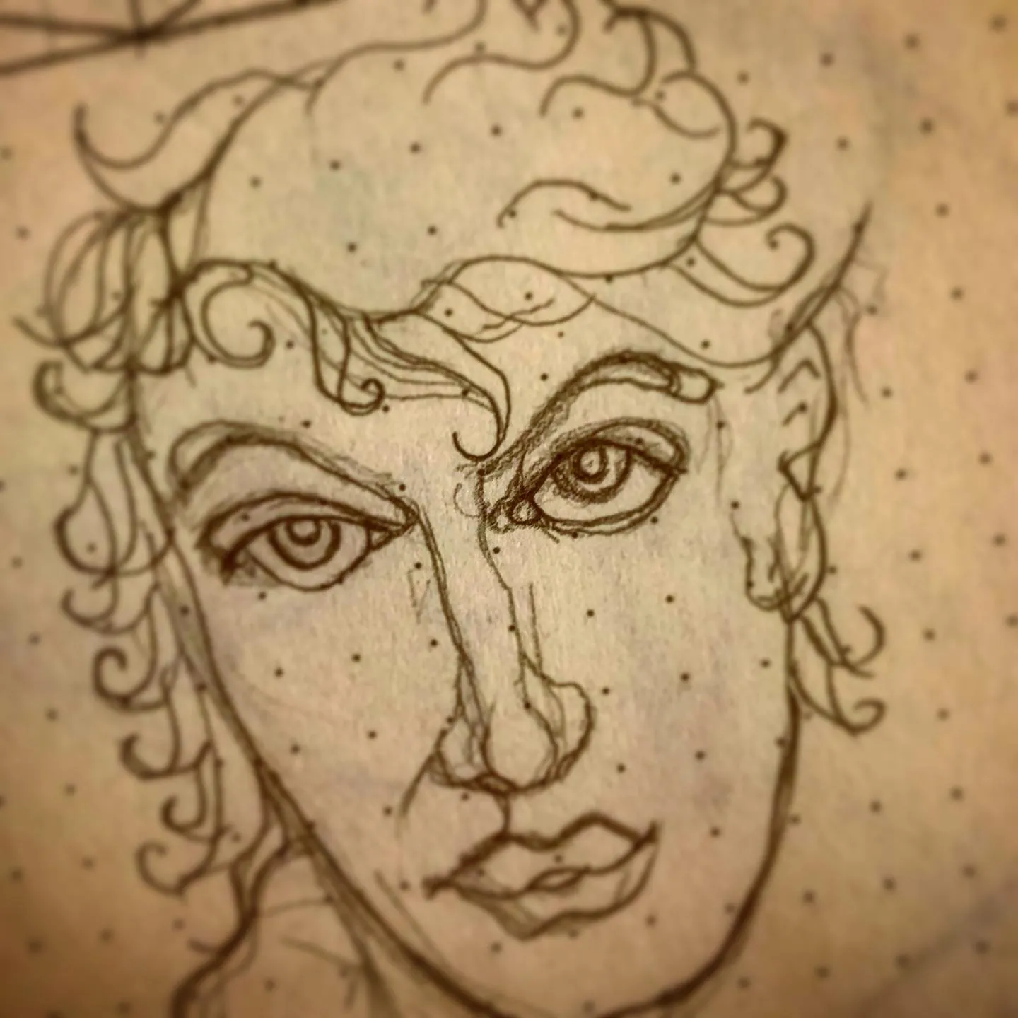 Ink portrait of a face with heavy-lidded eyes and full lips, framed by tight curls, on warm paper.