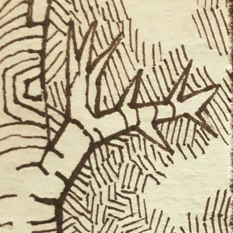 Close-up ink drawing of a branching tree with thick, hatched bark and thorny twigs.