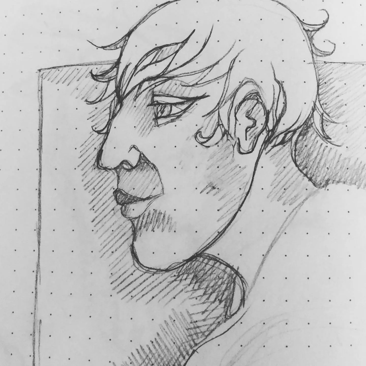 Pencil sketch of a person in profile facing left, with tousled hair, a prominent ear and hatched shading on the neck, against a rectangular frame.