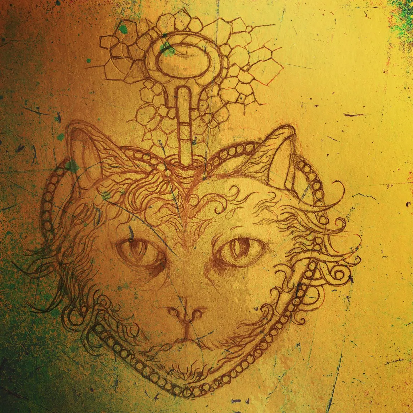Pencil drawing of a cat's face inside an ornate heart-shaped locket with a key on top, against a pattern of hexagons, on yellow-toned paper.
