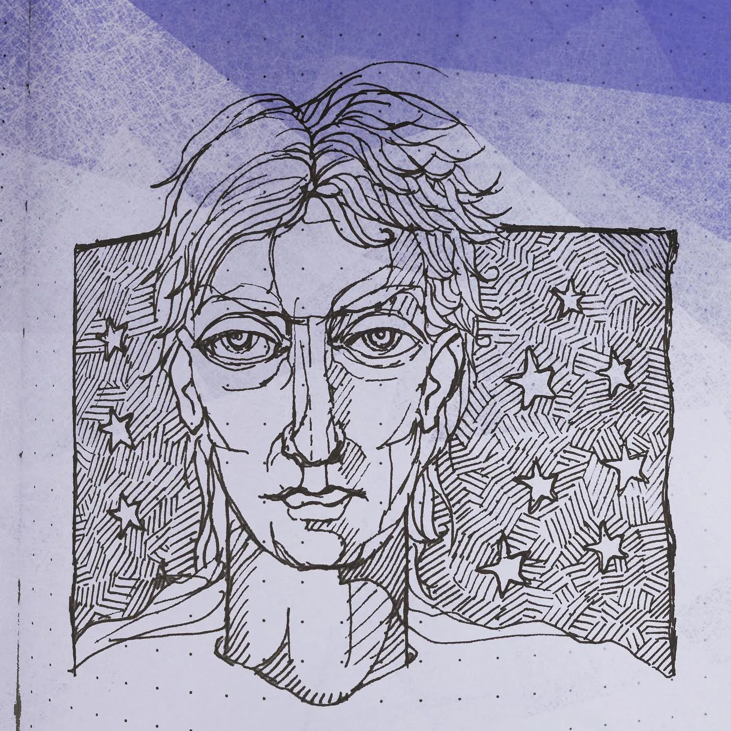 Ink portrait of a person with tousled hair looking straight out, in front of a panel of stars and hatching, with a purple tint.