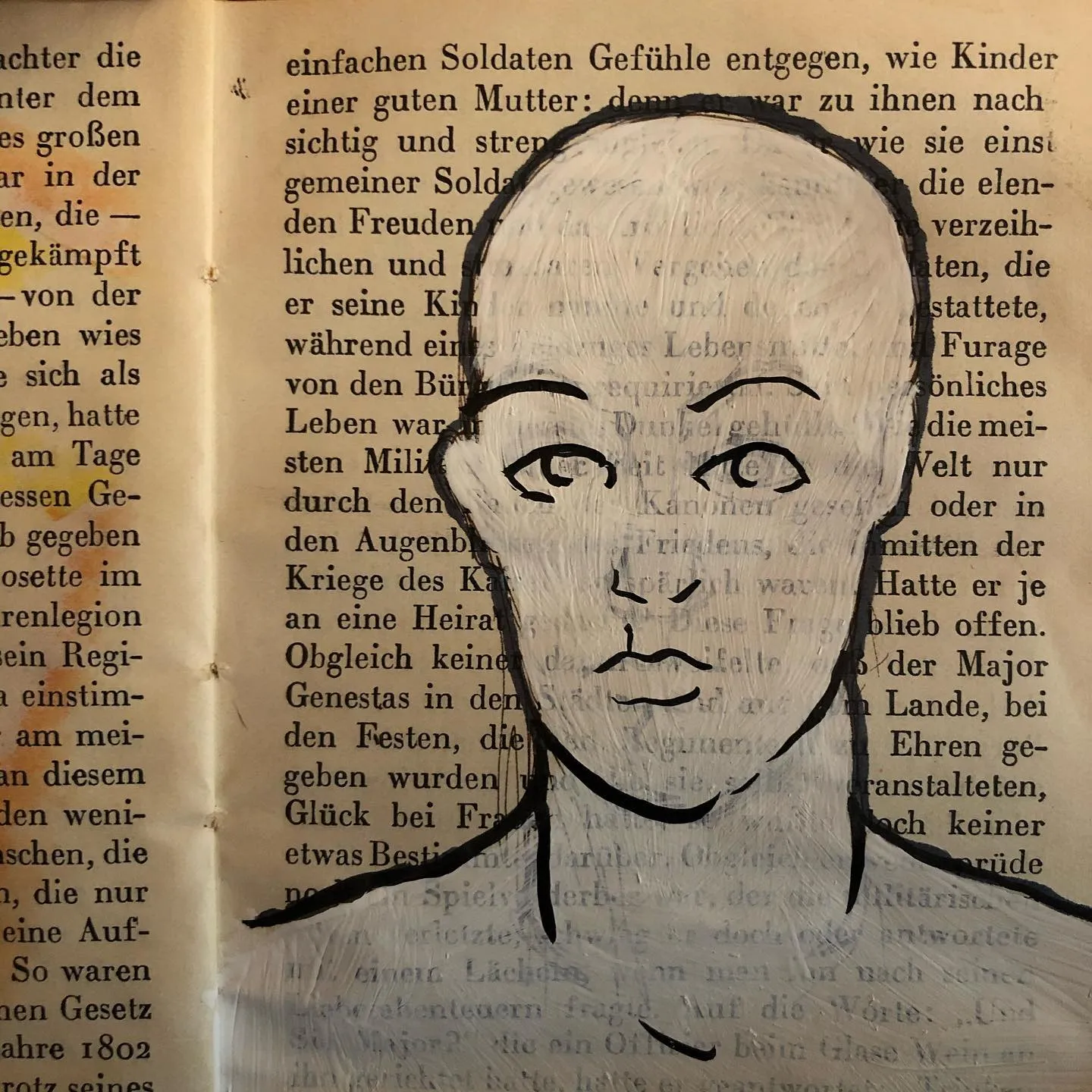 Bold ink outline of a bald head and shoulders, drawn over the text of an old German book.