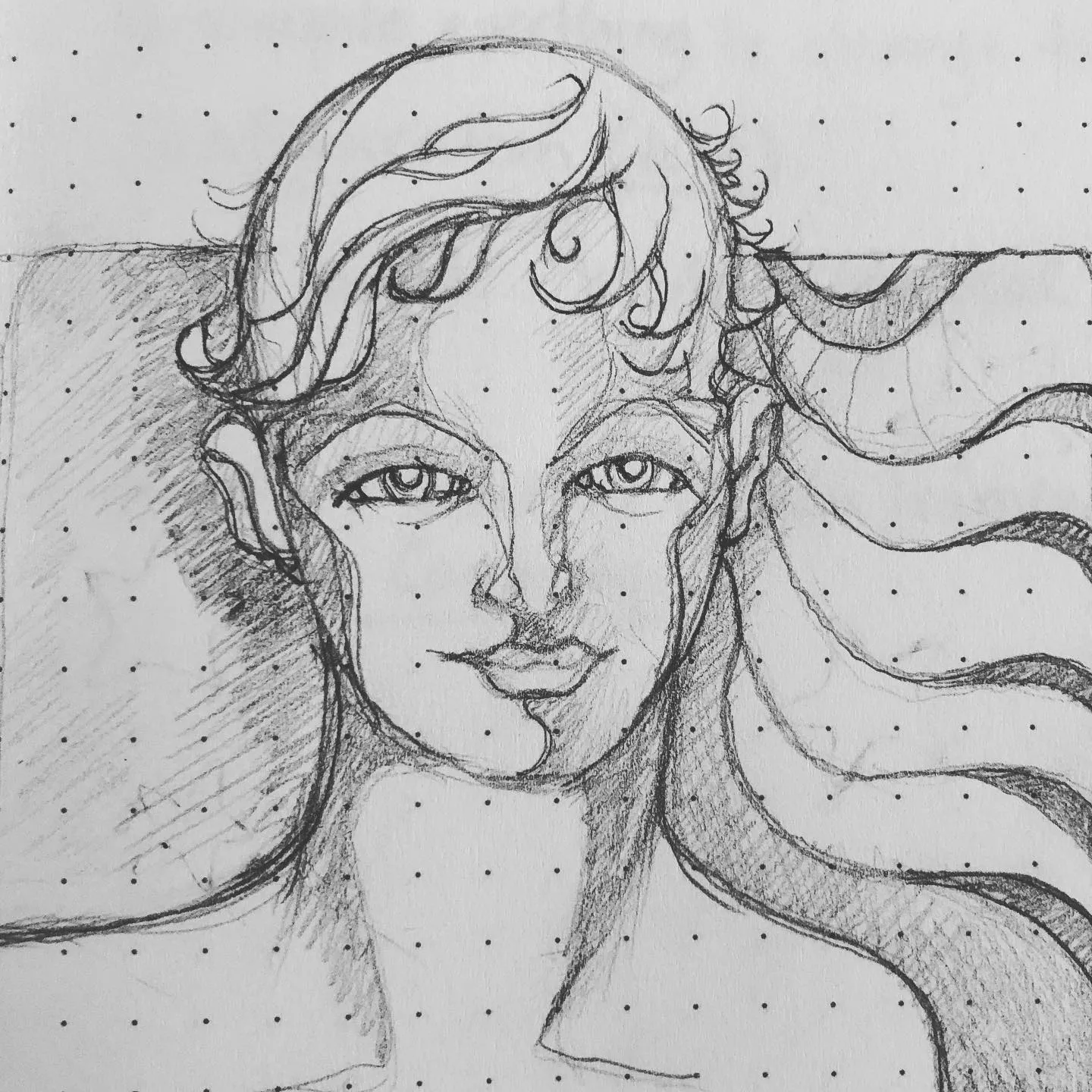 Pencil portrait of a face looking out, with curly hair blowing to one side in long wavy lines, against a shaded rectangle.