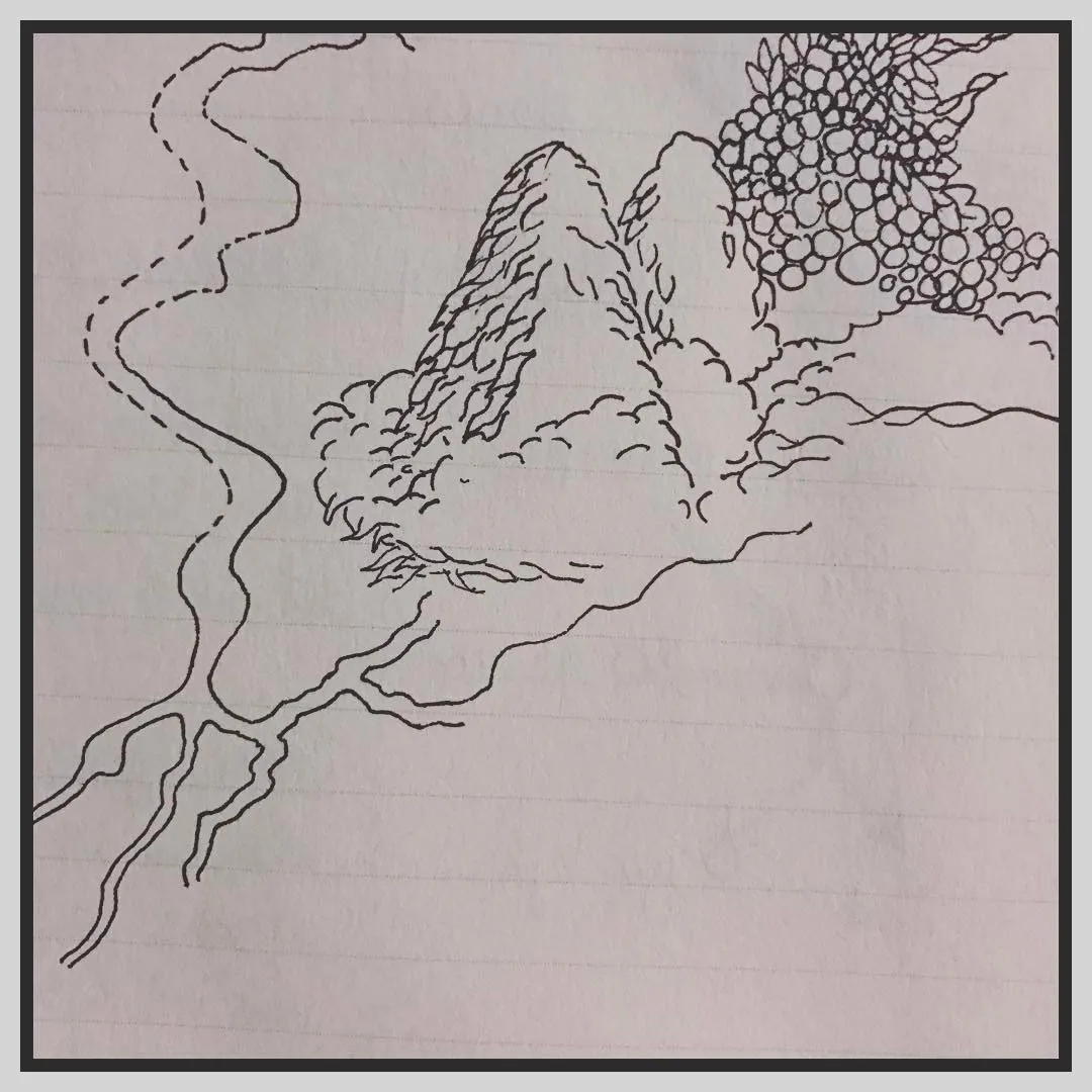 Ink landscape doodle: a winding river leading to rounded mountain peaks topped with a cluster of bubbles.