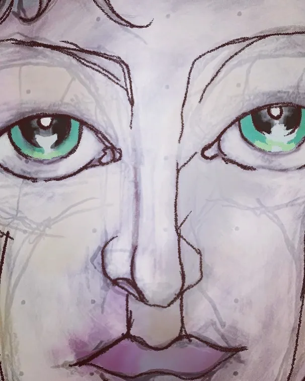 Close-up from Orchid and Lily: a face with large green eyes and pale purple lips, in soft lilac washes.