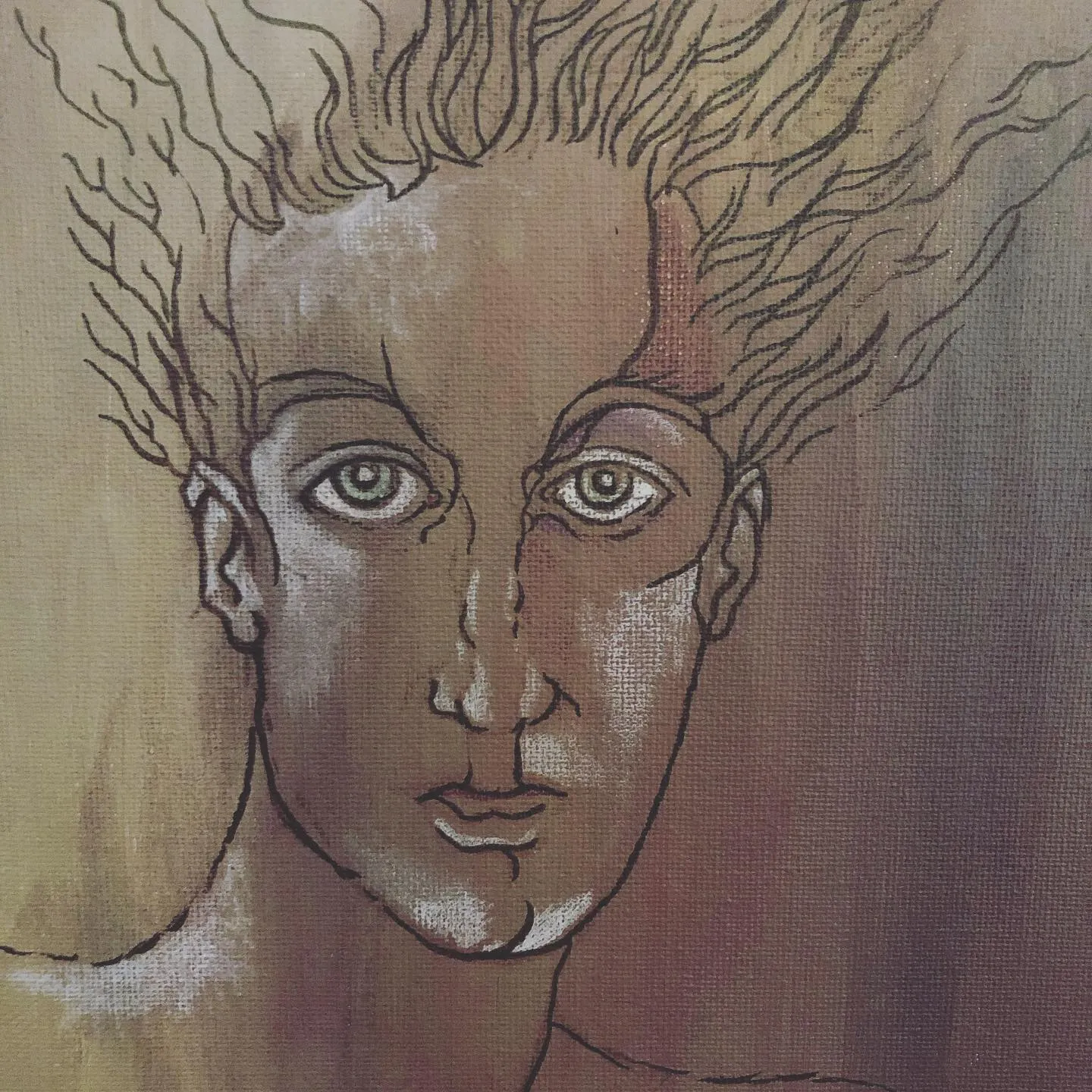 Acrylic painting of a pale face with large eyes and hair rising like bare branches.