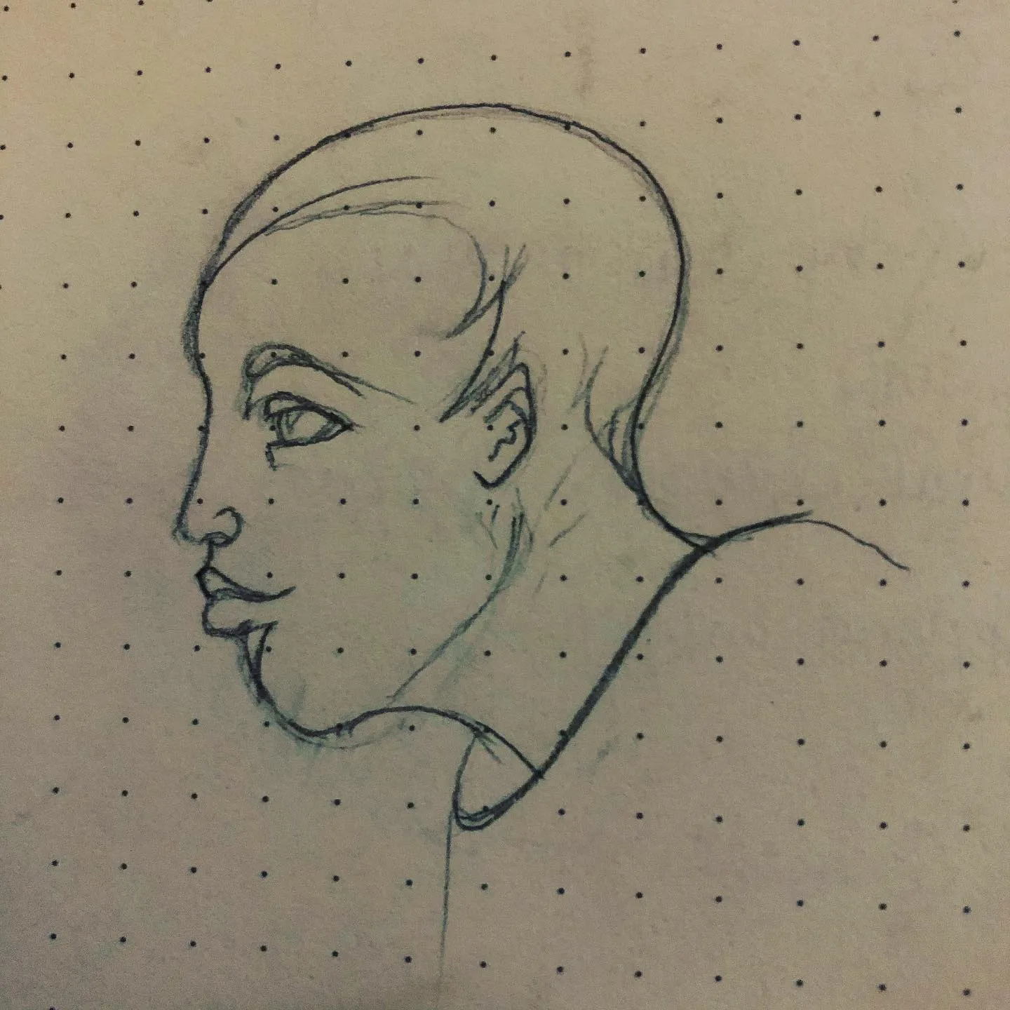Blue ink sketch of a person in profile with closely cropped hair, a strong jaw and a long neck, on dotted paper.