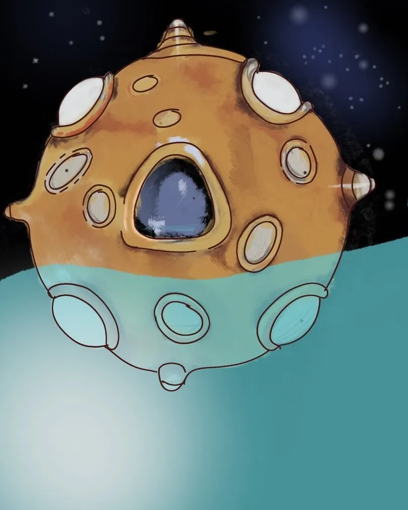 Digital drawing of a round orange pod-like spacecraft with portholes, half submerged in teal water under a starry sky.