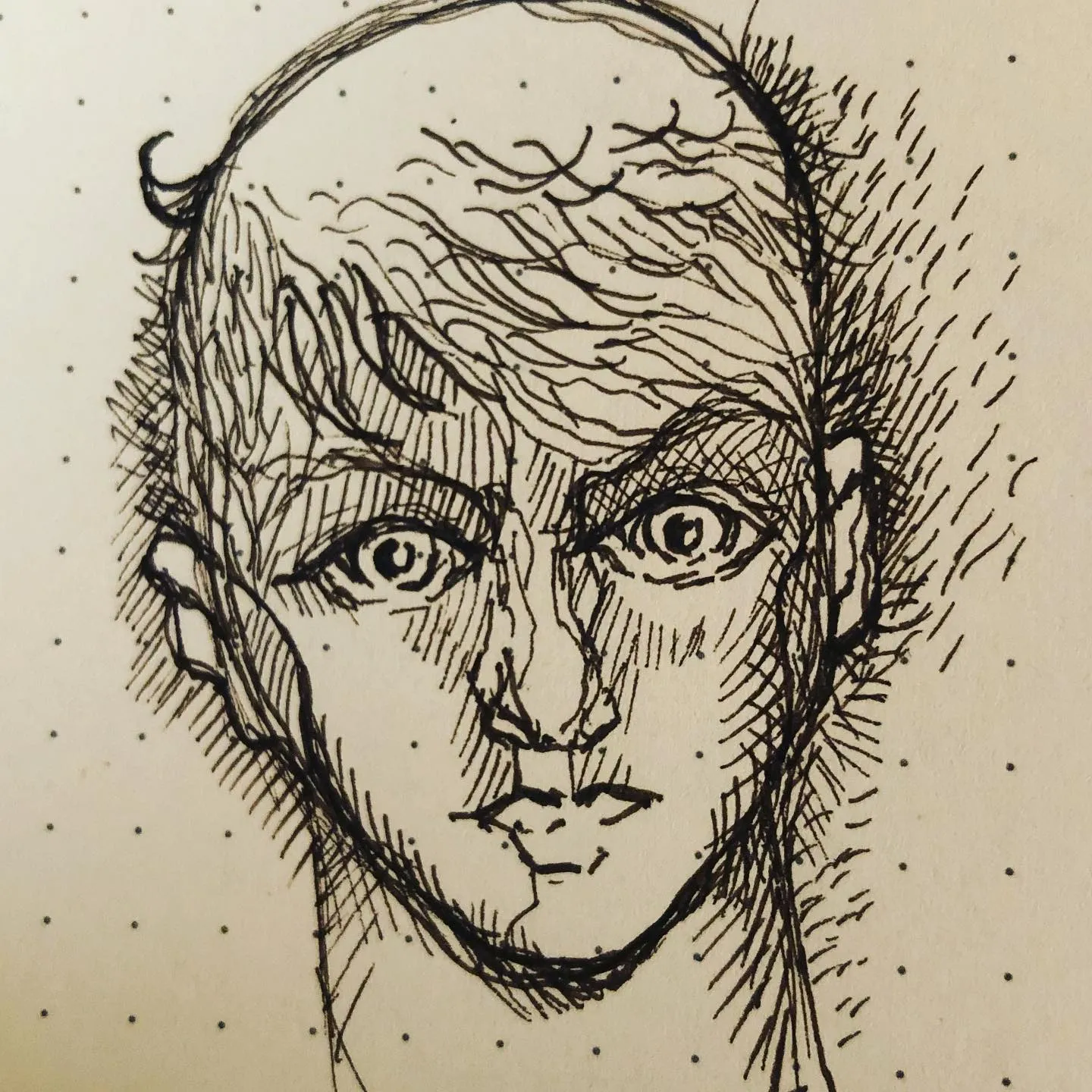 Ink portrait of a face with wide staring eyes, scratchy hair and dense hatching around the head.