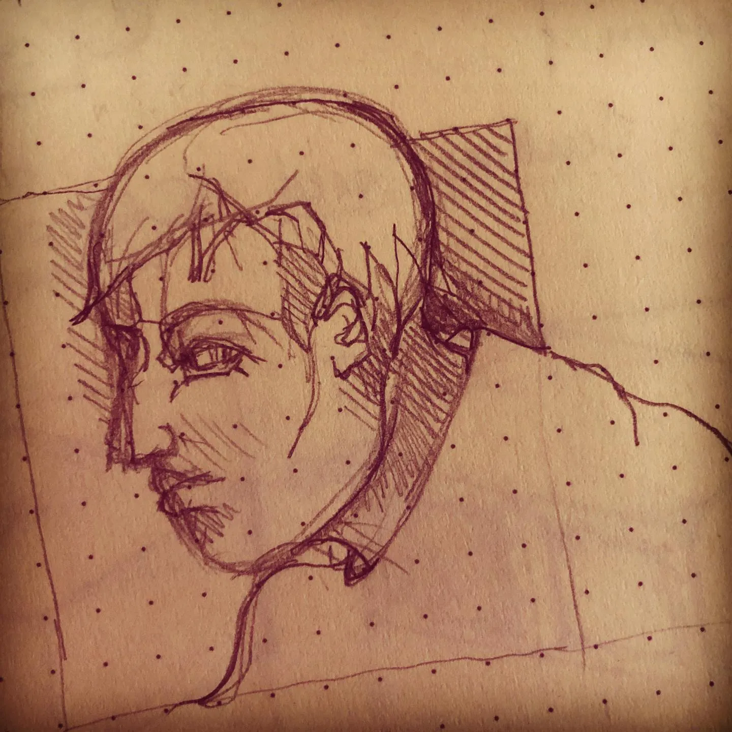 Red-brown ink sketch of a person in profile facing left, with short hair and a collar, against a frame with a hatched corner.