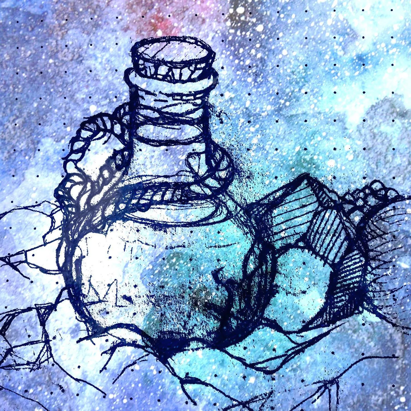Ink drawing of a corked potion bottle among rocks and crystals, over a watercolour wash in blue, purple and white.