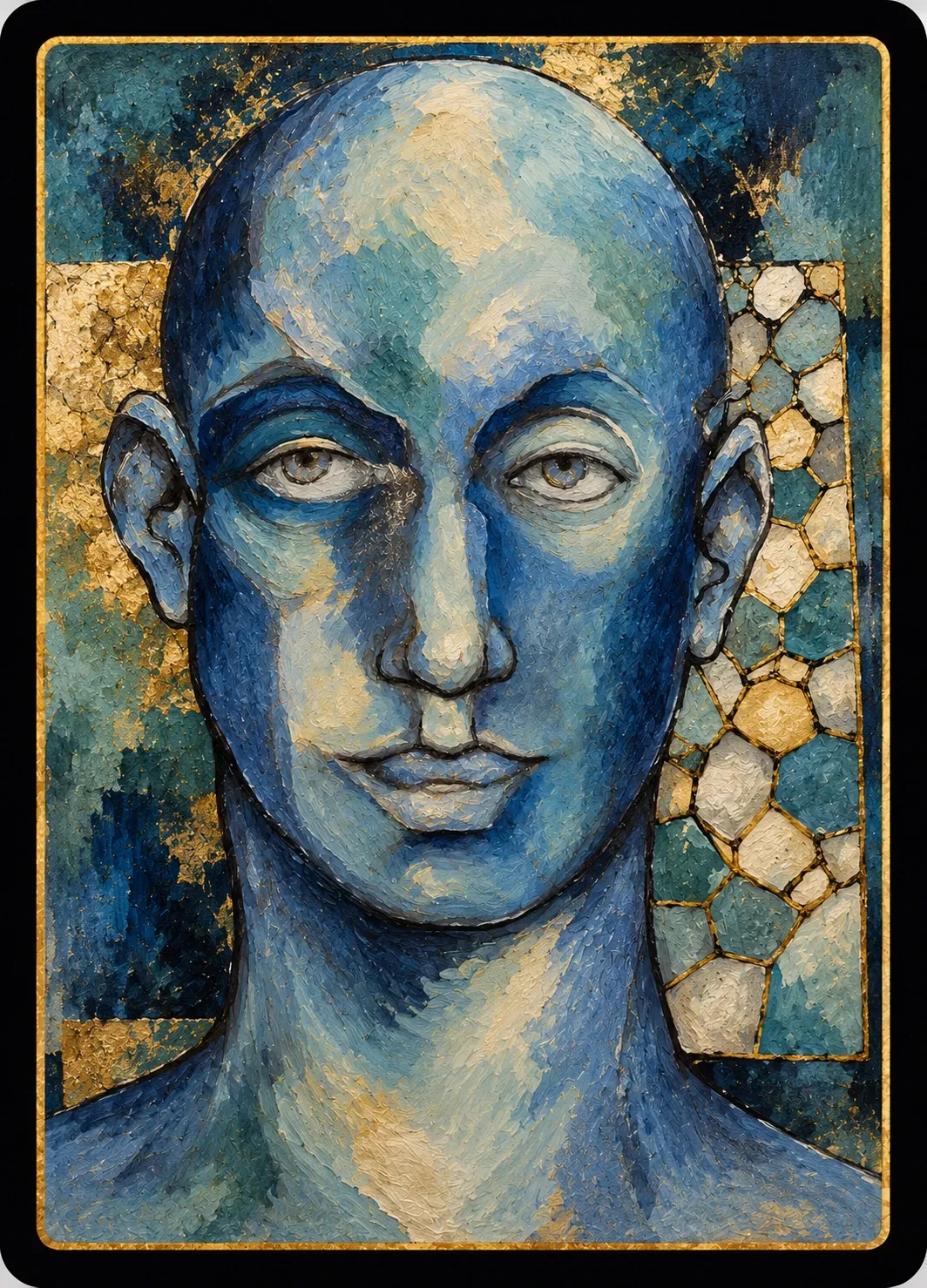 A painted portrait in a gold-edged frame of a bald figure facing straight out, built from thick, textured strokes of deep blue, teal and cream, against a background of gold leaf, blue patches and a panel of gold-outlined cells.