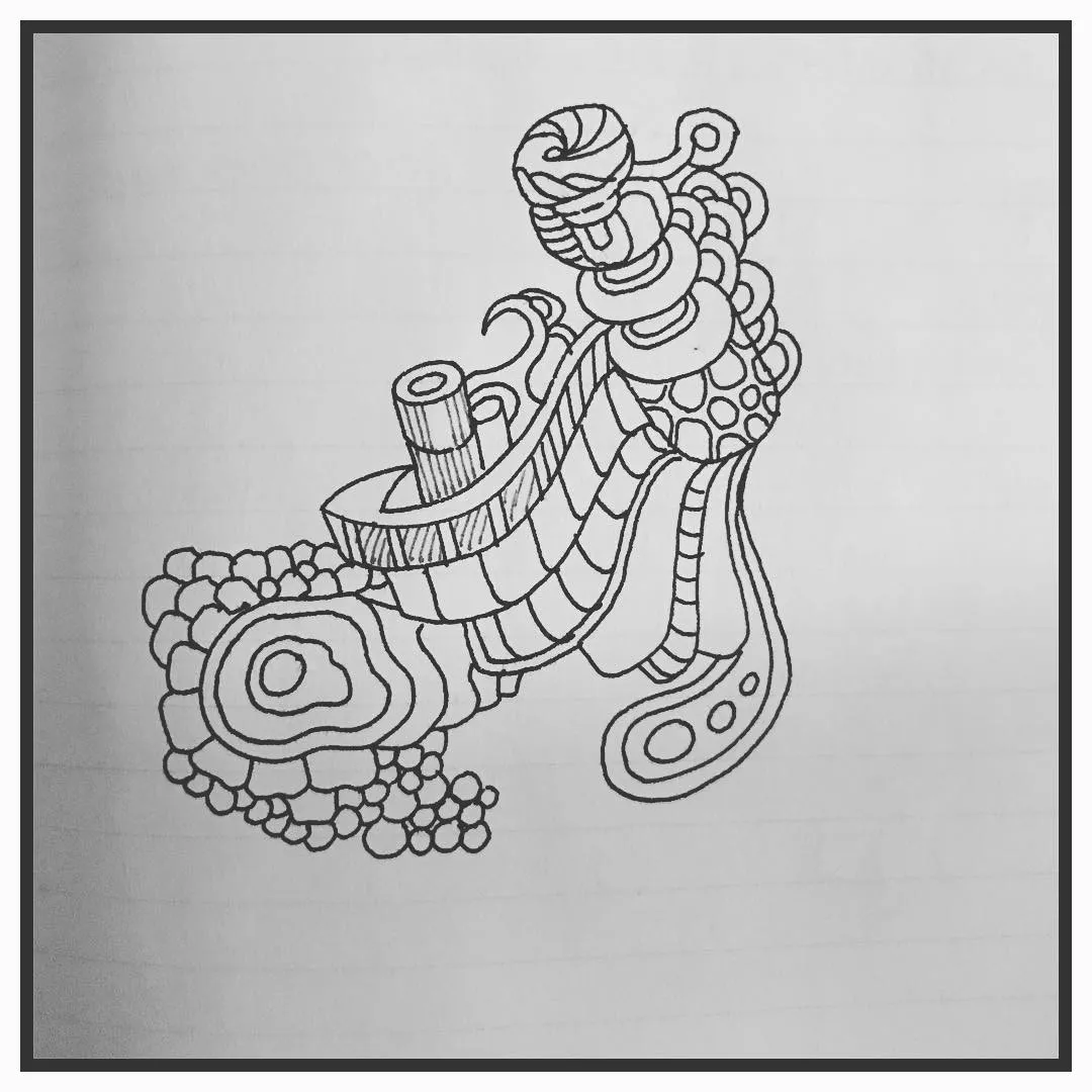 Abstract ink doodle of stacked organic shapes: rings, cylinders, ripples and clusters of circles, like a strange sculpture.