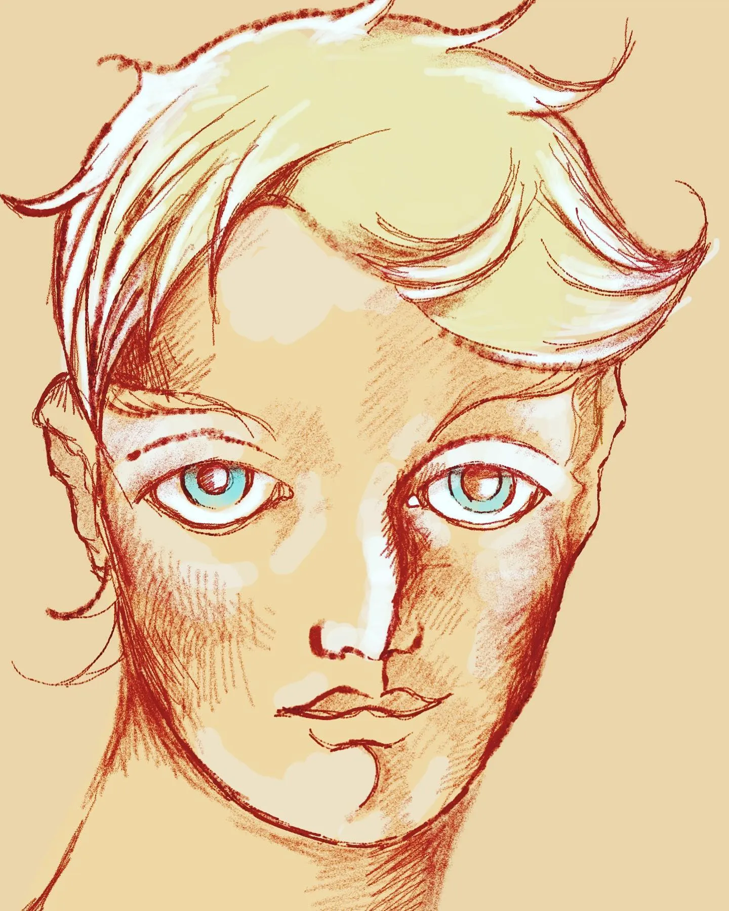 Digital painting of a young man with tousled blond hair and pale blue eyes, in warm orange and cream.