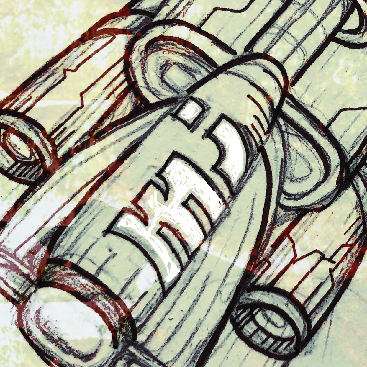 Ink drawing of a rocket ship with chunky boosters, seen at an angle, over a pale green background.