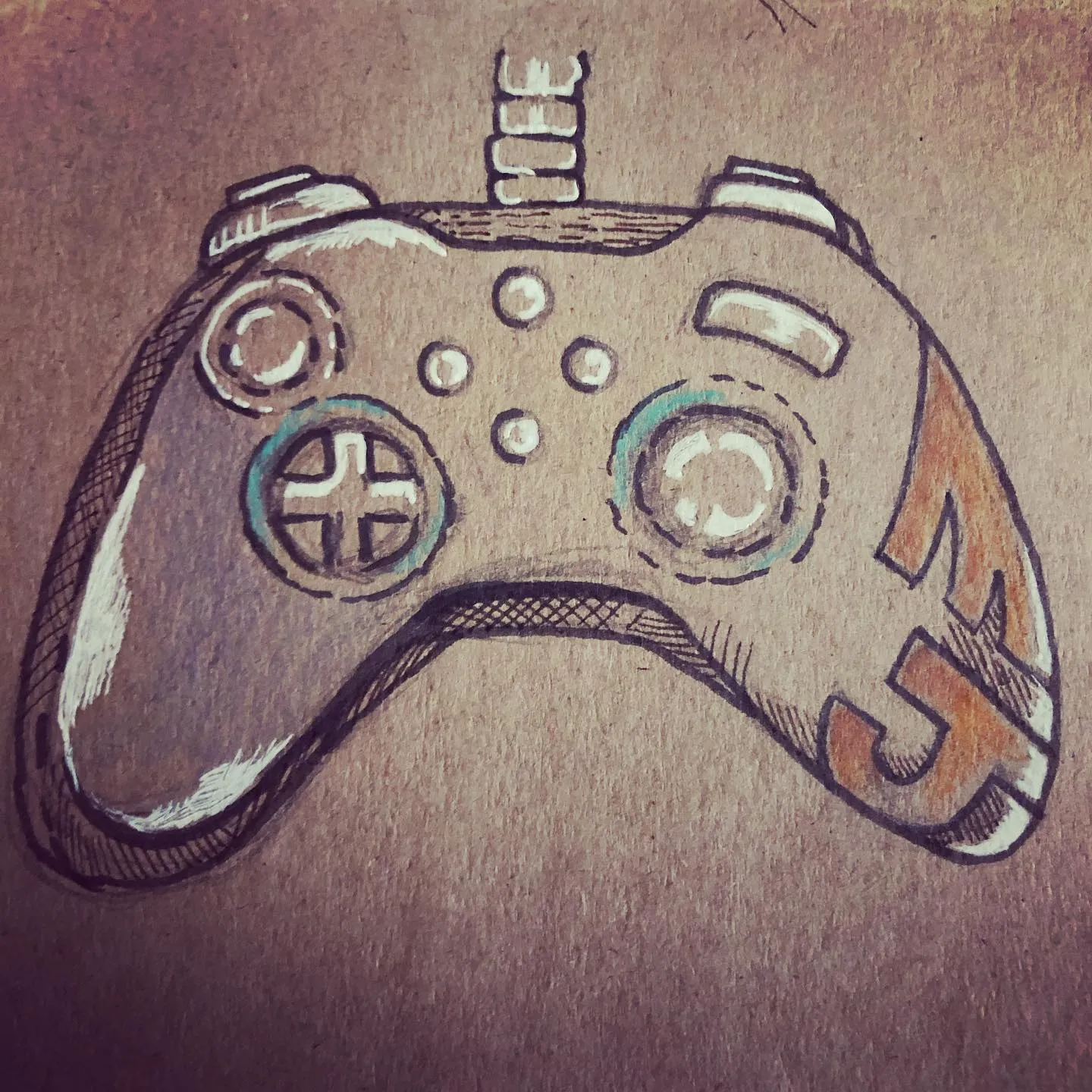 Ink drawing of a game controller on brown paper, with white highlights and the initials "MJ" on one grip.