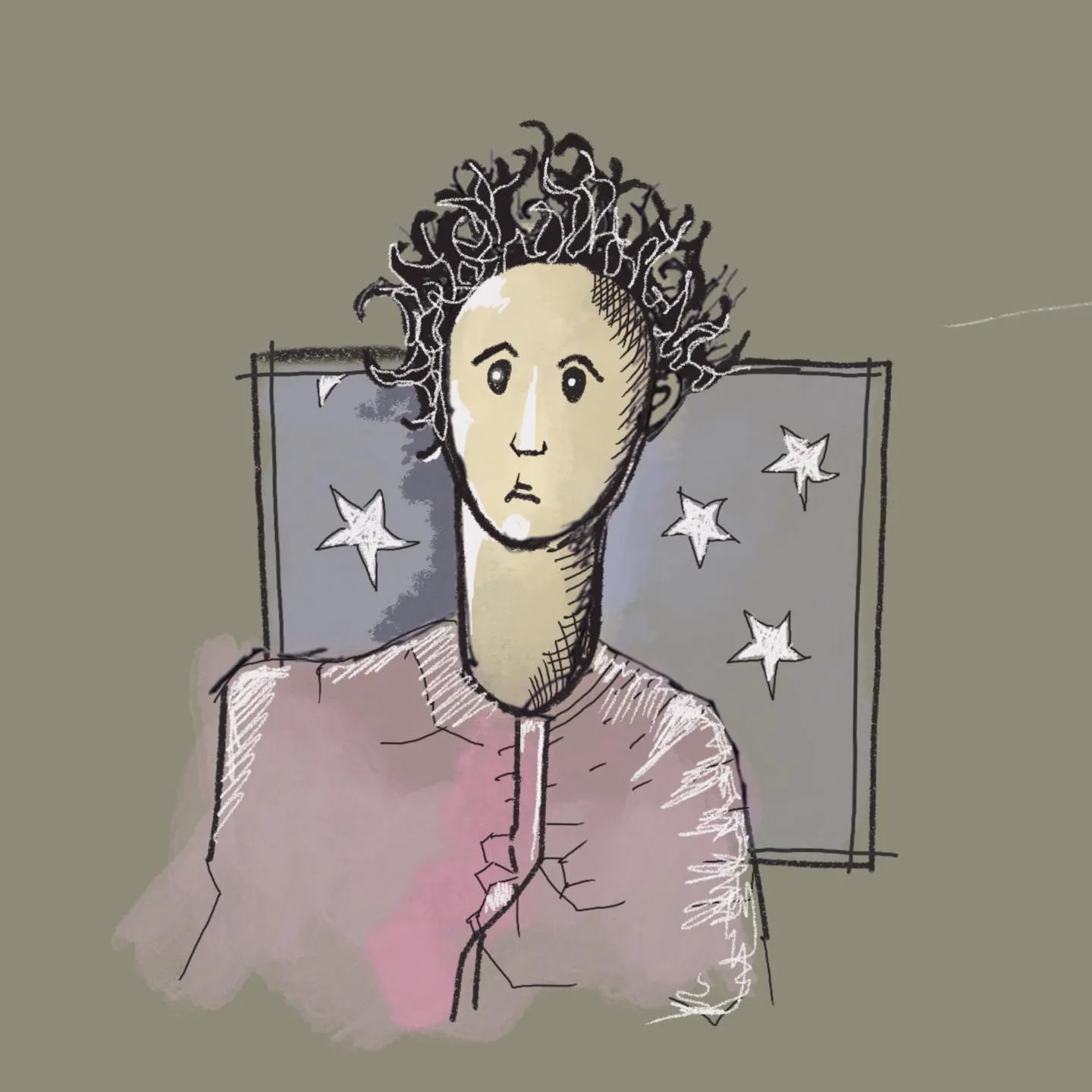 Doodle, finished digitally, of a worried-looking figure with curly dark hair, in front of a panel of white stars, with smudged pink paint on the chest.