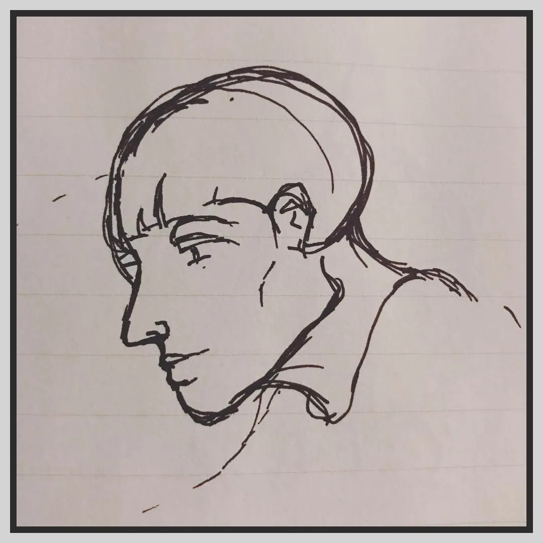 Ink sketch of a person in profile with a sleek bob and a long neck, on lined paper.