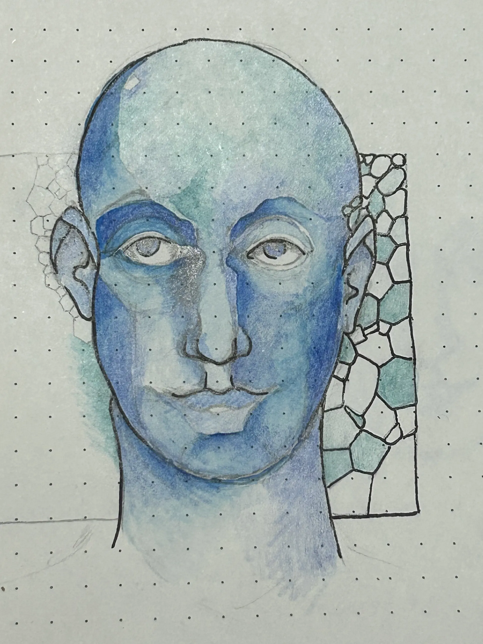 A watercolour portrait on a dotted Moleskine page of a bald figure facing straight out, the face and neck in washes of deep blue and pale teal, outlined in black ink, with a panel of teal and white cells beside the head.
