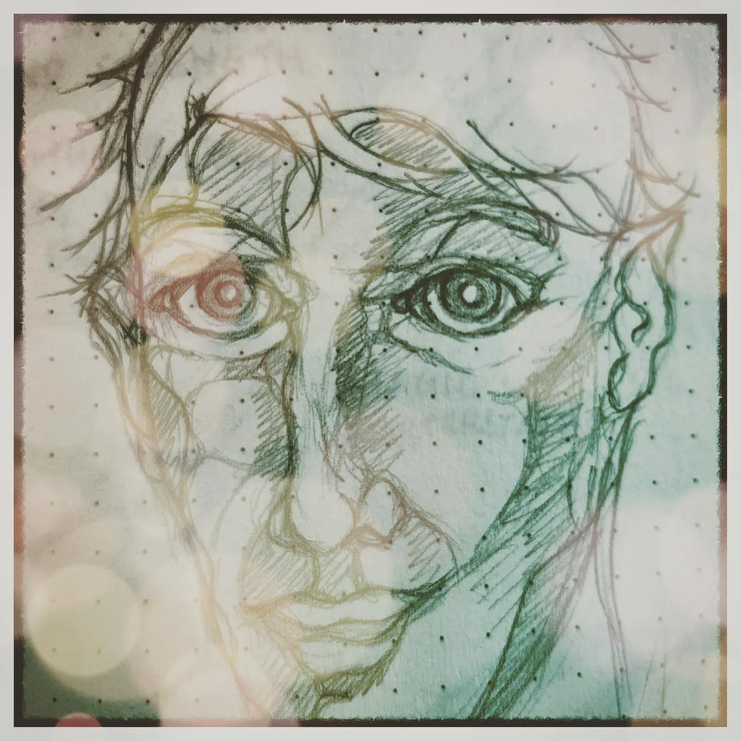 Two overlapping sketches of the same face, slightly offset like a double exposure, tinted green.