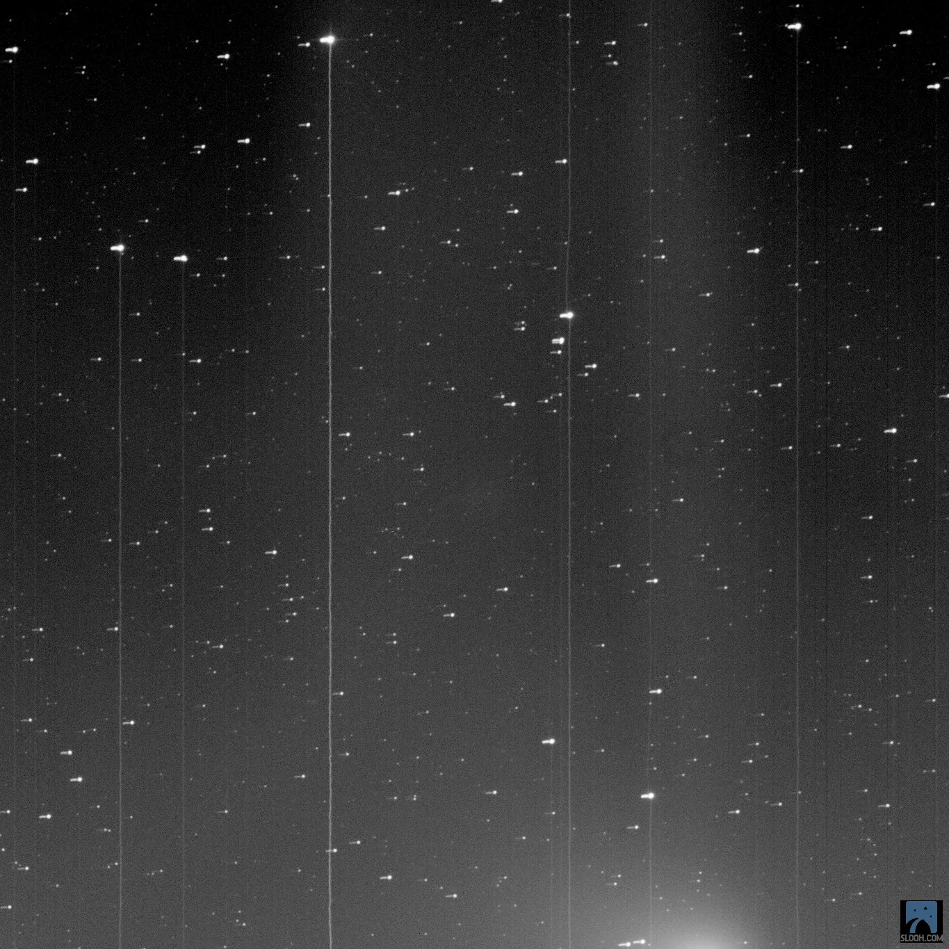 The comet in black and white, glowing at the bottom of the frame, with faint vertical streaks across the stars.