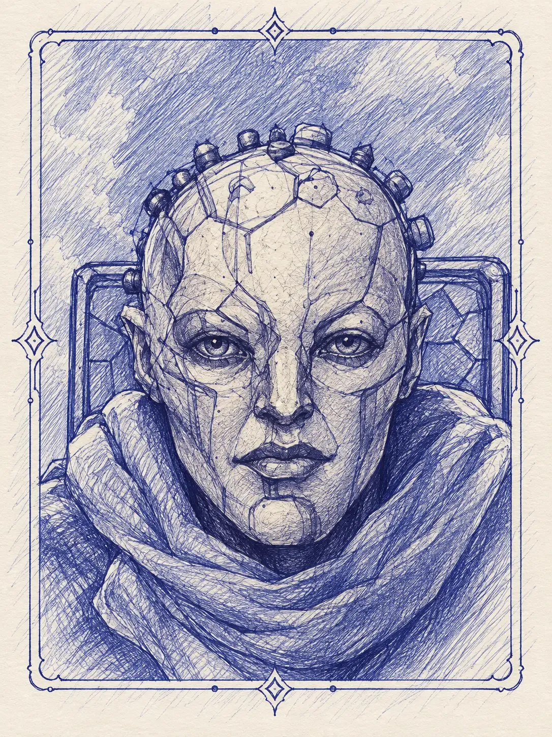 Blue ballpoint portrait of a bald figure facing forward, the face mapped in hexagonal plates and a ring of studs around the crown, wrapped in a thick scarf.