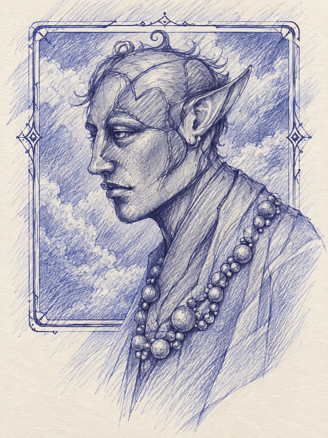 Blue ballpoint portrait of an elf in profile with short curly hair and a long string of beads, framed against a cloudy sky.