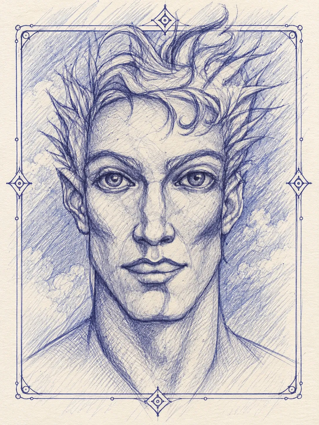 Blue Bic portrait in an ornate frame of a young elf facing straight out with a slight smile, pointed ears, and hair blowing up and outwards in curls and spiky strands, against hatched sky and soft clouds.
