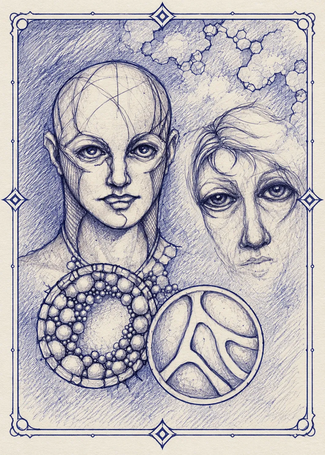 Blue Bic drawing in an ornate frame. On the left, a bald figure looks straight out, with seam-like lines across the face and beads at the collar. On the right, an older, weary face with wisps of hair. Below them, two round medallions overlap, one ringed with beads, one carved with branching lines, and a chain of hexagons drifts across the top.