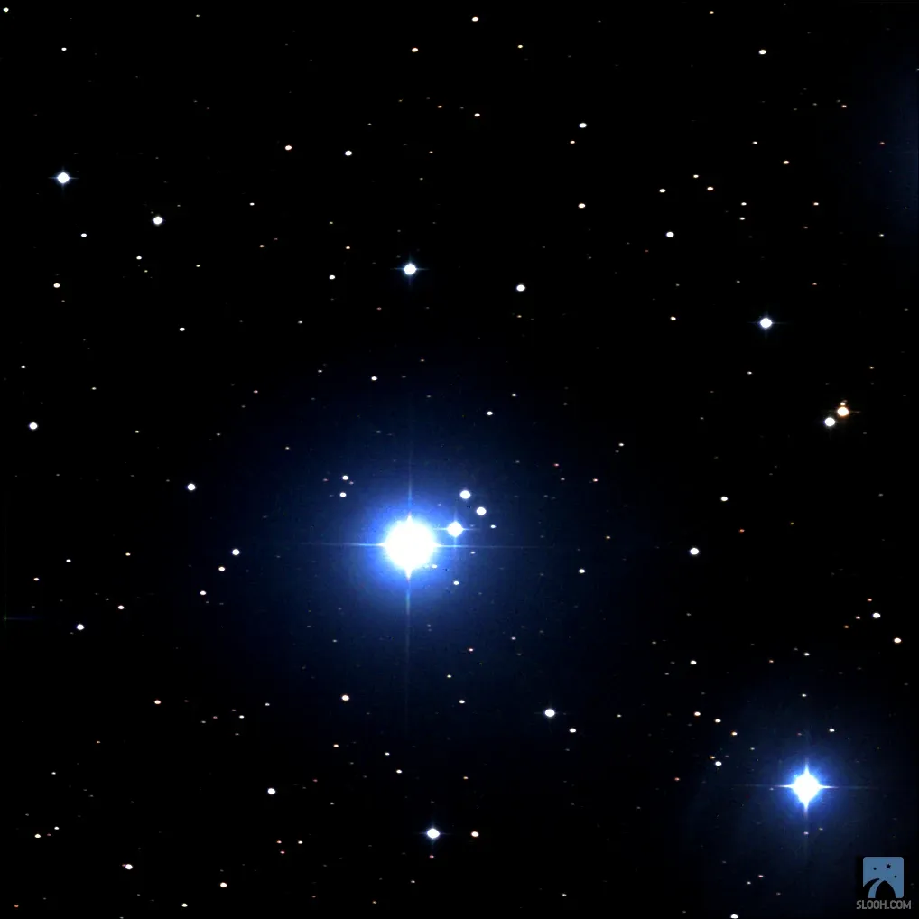 The Pleiades (M45): a bright blue star with smaller stars around it on a black sky.