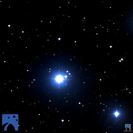 A closer view of the Pleiades, bright blue stars on a black sky.