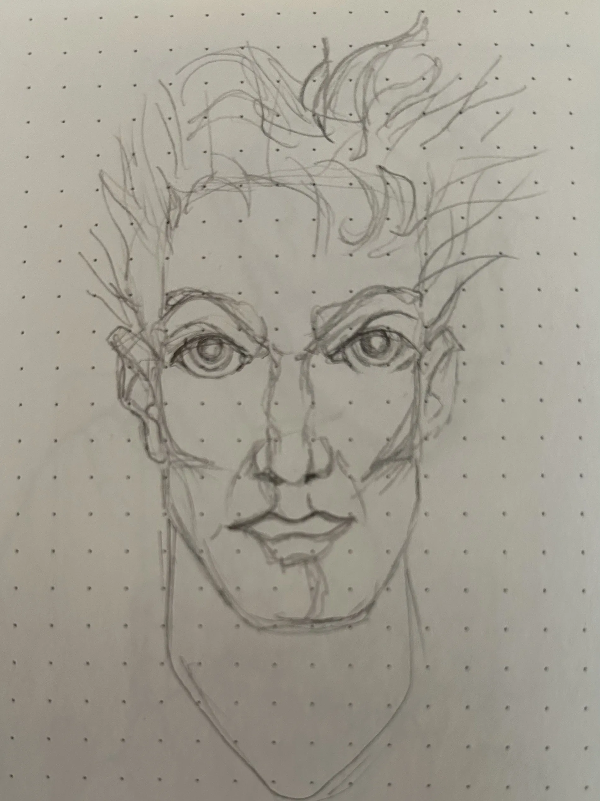 The first pencil sketch of the same face on the dotted paper of a Moleskine, the hair a loose tangle of quick lines.