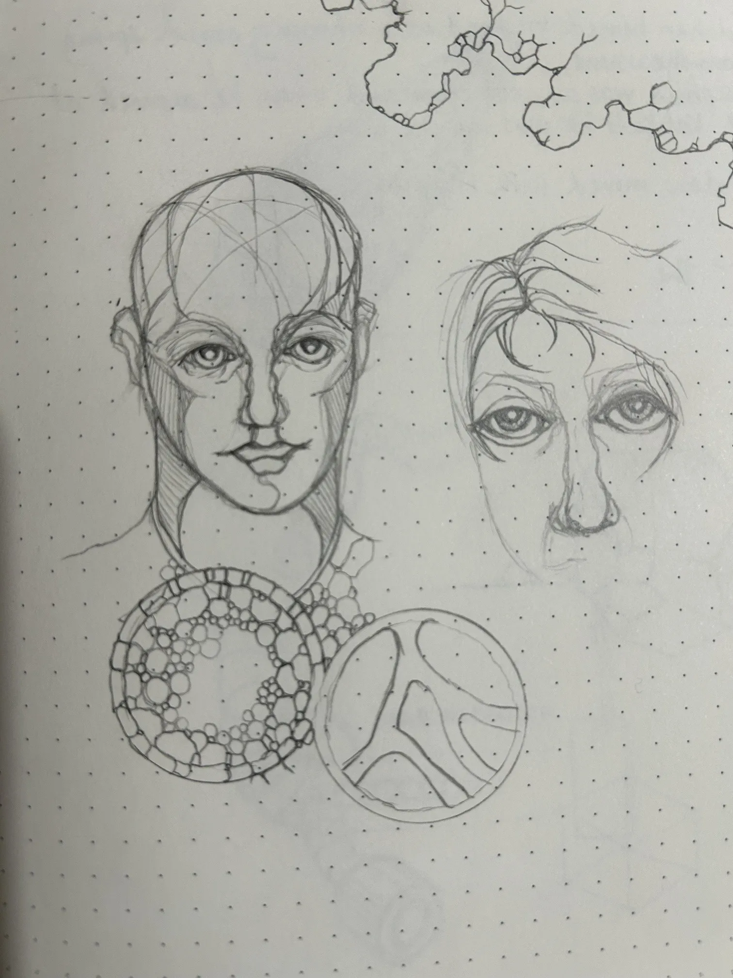The first pencil sketch of the same page on the dotted paper of a Moleskine, with the hexagon chain inked in black at the top.